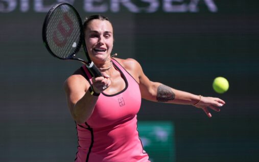 Aryna Sabalenka hitting a powerful forehand during her Indian Wells quarter-final match