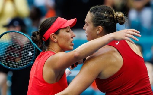 Aryna Sabalenka and Jessica Pegula at the Miami Open trophy presentation ceremony