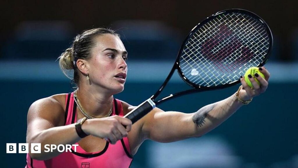 Aryna Sabalenka hitting a forehand during her Miami Open match