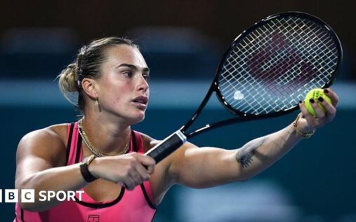 Aryna Sabalenka hitting a forehand during her Miami Open match