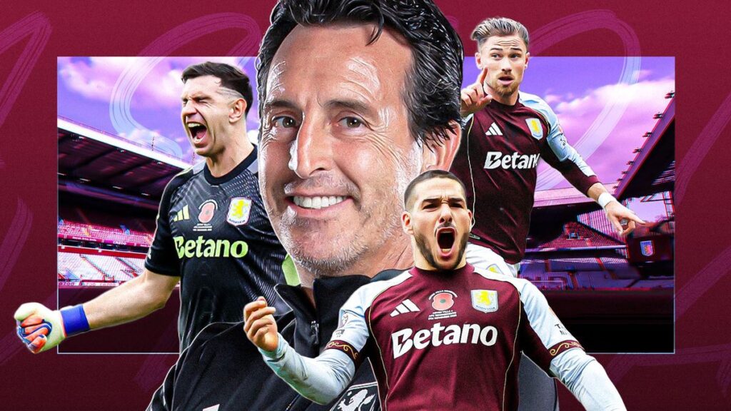 Aston Villa manager Unai Emery shouting instructions from the touchline during a Premier League match