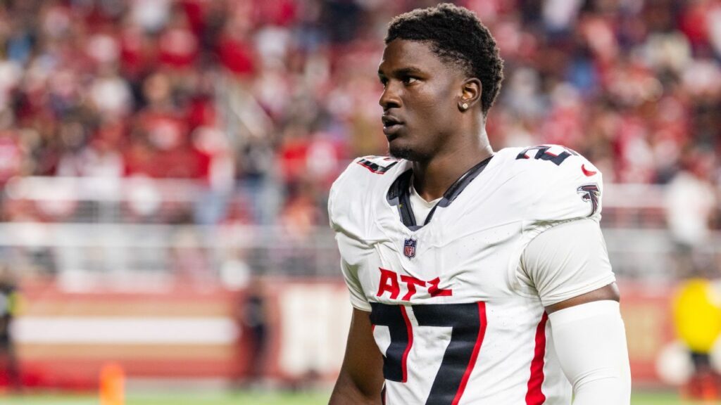 Atlanta Falcons defender James Pearce Jr looking on during an NFL American football match