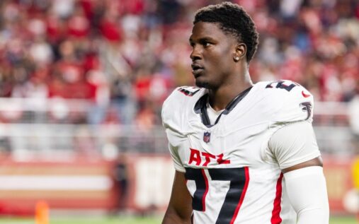 Atlanta Falcons defender James Pearce Jr looking on during an NFL American football match