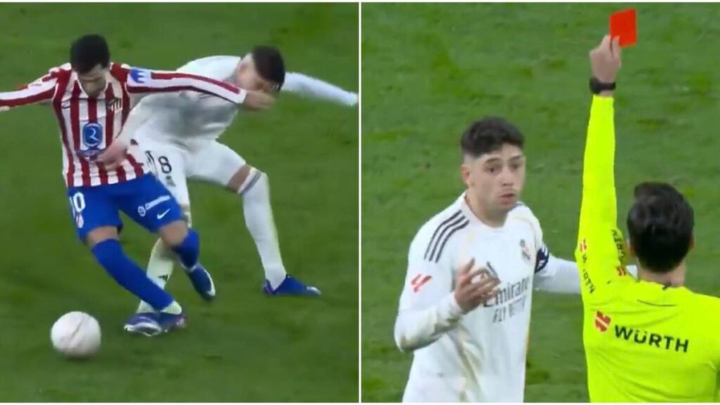 Real Madrid midfielder Federico Valverde walking off the pitch after receiving a red card at the Santiago Bernabeu.