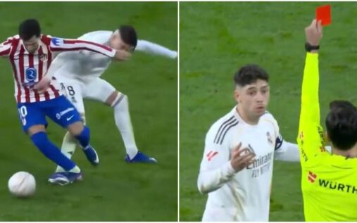 Real Madrid midfielder Federico Valverde walking off the pitch after receiving a red card at the Santiago Bernabeu.