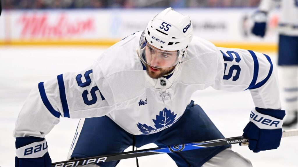 Nicolas Roy skating for the Toronto Maple Leafs during an NHL match