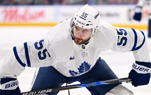 Nicolas Roy skating for the Toronto Maple Leafs during an NHL match