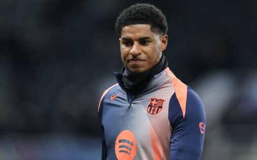 Marcus Rashford playing for Barcelona alongside a portrait of Chelsea winger Pedro Neto