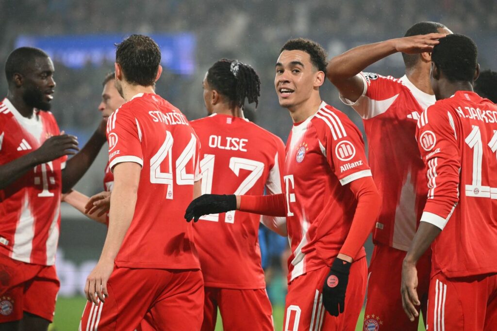 Bayern Munich players celebrating a goal during their Champions League match against Atalanta