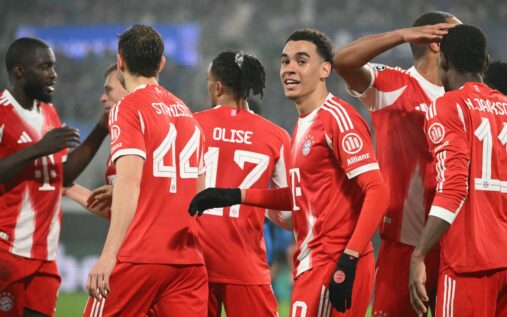 Bayern Munich players celebrating a goal during their Champions League match against Atalanta