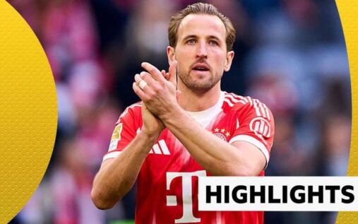 Harry Kane celebrating a goal for Bayern Munich alongside Michael Olise