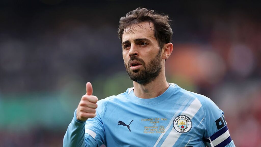 Manchester City captain Bernardo Silva looking focused on the pitch during a match