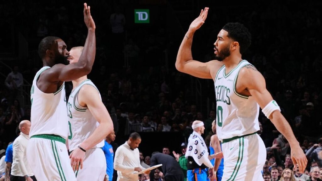 Jaylen Brown of the Boston Celtics driving to the basket during an NBA game