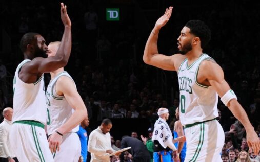 Jaylen Brown of the Boston Celtics driving to the basket during an NBA game
