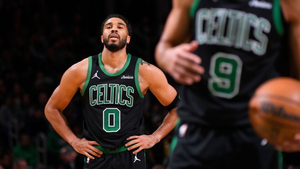 Boston Celtics forward Jayson Tatum looking focused on the basketball court