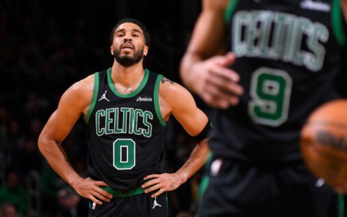 Boston Celtics forward Jayson Tatum looking focused on the basketball court