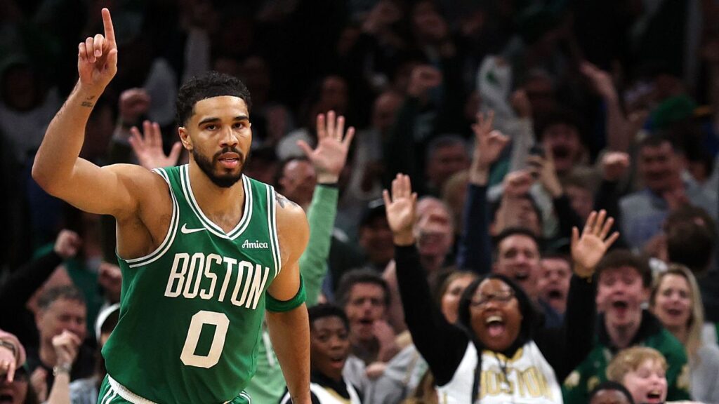 Jayson Tatum dribbling the basketball for the Boston Celtics