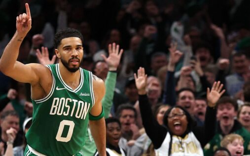 Jayson Tatum dribbling the basketball for the Boston Celtics