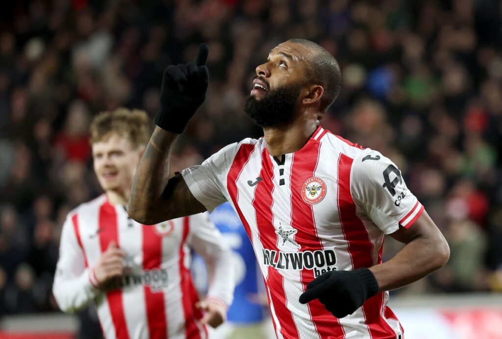 Brentford striker Igor Thiago celebrating a goal during a domestic league match
