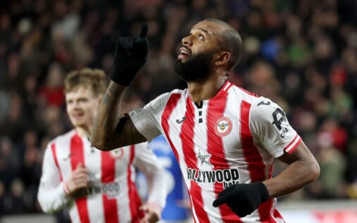 Brentford striker Igor Thiago celebrating a goal during a domestic league match