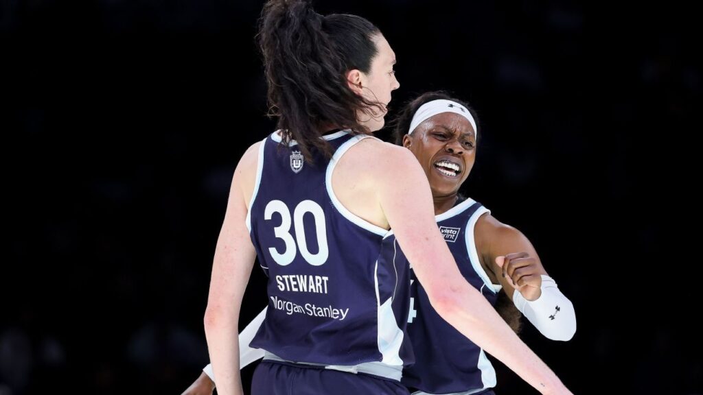 Breanna Stewart celebrating on the court after winning the Unrivaled championship