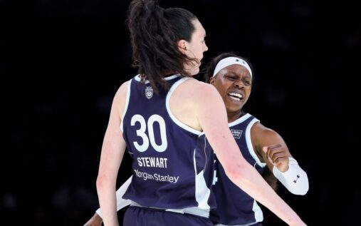 Breanna Stewart celebrating on the court after winning the Unrivaled championship