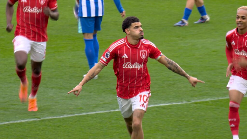 Morgan Gibbs-White celebrating his goal for Nottingham Forest against Brighton