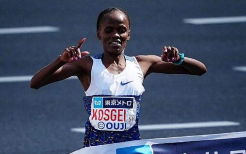 Brigid Kosgei crossing the finish line to win the Tokyo Marathon