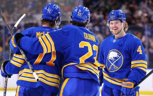 Buffalo Sabres captain Rasmus Dahlin skating on the ice during an NHL match