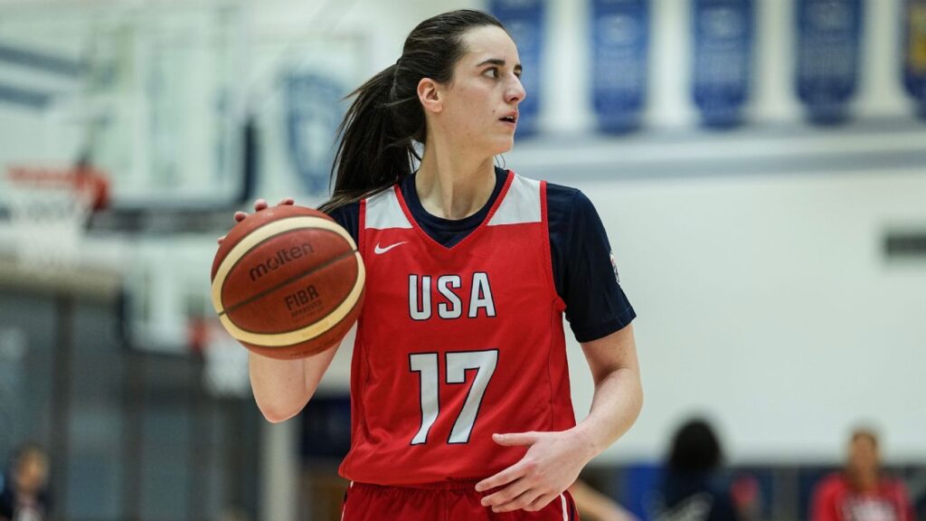 Caitlin Clark smiling during a Team USA basketball training session