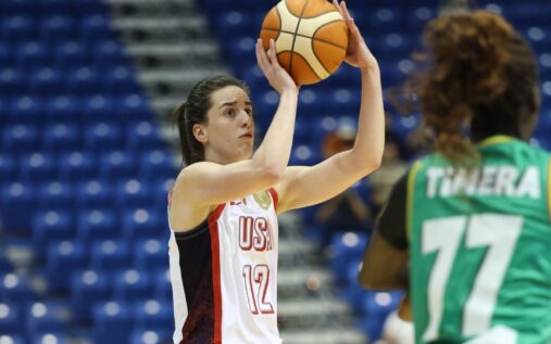 Caitlin Clark dribbling the basketball in her United States national team uniform