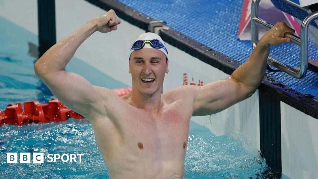 Australian swimmer Cameron McEvoy celebrating after breaking the 50m freestyle world record