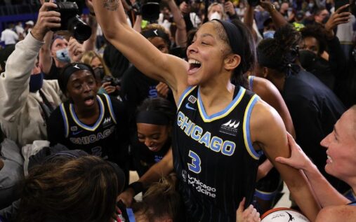 Split image of WNBA stars Candace Parker and Elena Delle Donne playing basketball