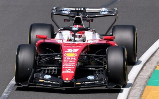 Charles Leclerc driving the Ferrari Formula 1 car around the Albert Park circuit in Melbourne