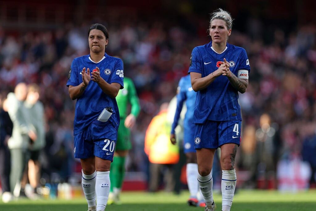 Chelsea manager Sonia Bompastor looking focused on the touchline