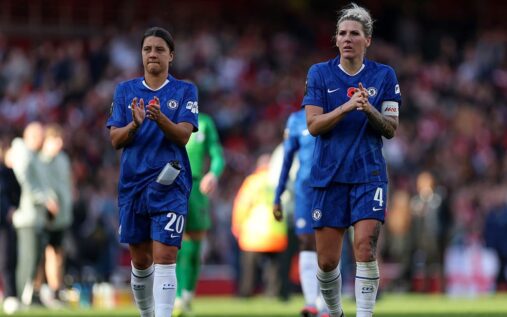 Chelsea manager Sonia Bompastor looking focused on the touchline