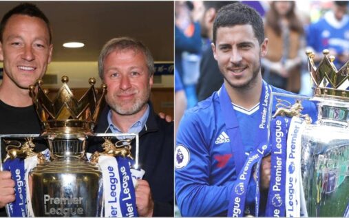 Roman Abramovich holding the Premier League trophy alongside Chelsea players