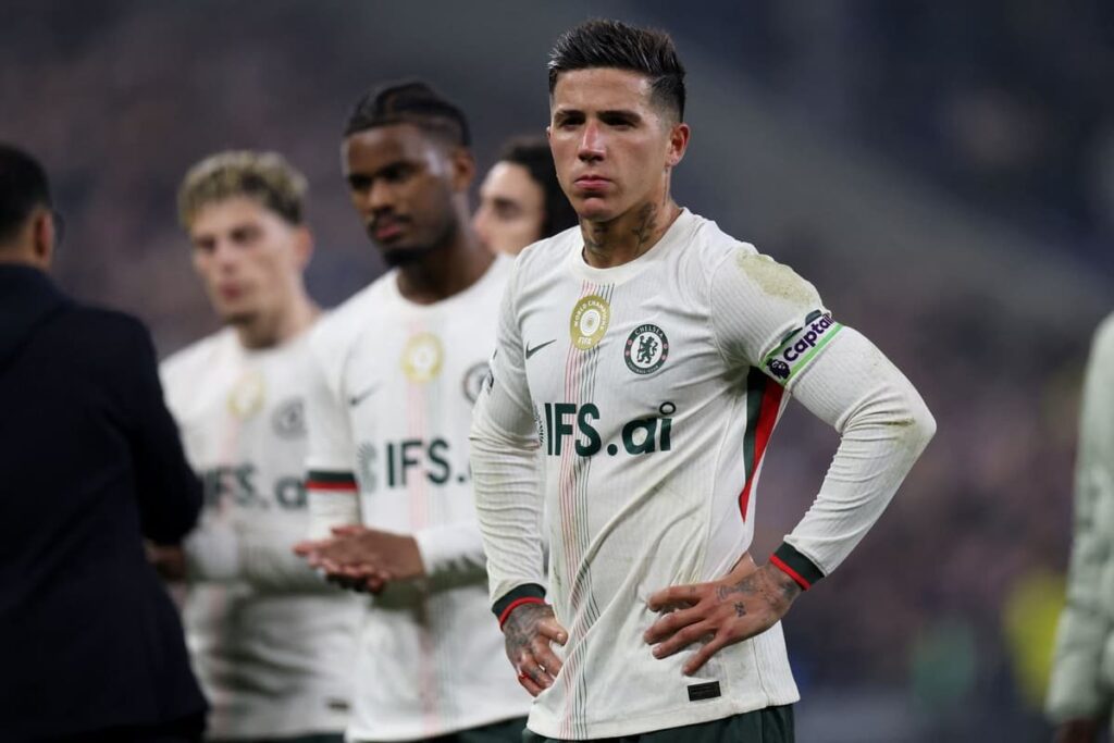 Enzo Fernandez playing for Chelsea in a competitive football match