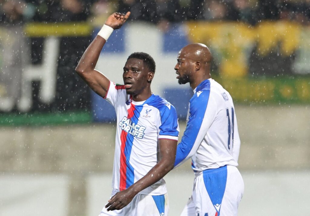 Ismaila Sarr celebrating a goal for Crystal Palace in the Europa Conference League