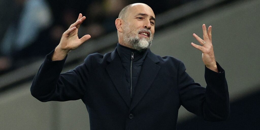 Tottenham goalkeeper Guglielmo Vicario looks dejected after conceding a goal against Crystal Palace