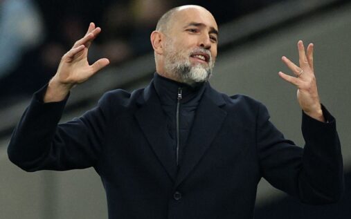 Tottenham goalkeeper Guglielmo Vicario looks dejected after conceding a goal against Crystal Palace