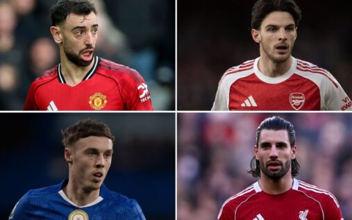 A collage of star Premier League football players in action on the pitch