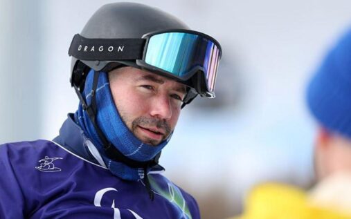 British snowboarder Davy Zyw competing on the snowboard cross course at the Winter Paralympics