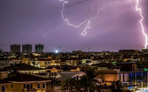 Racehorses competing on the turf track at Meydan racecourse in Dubai
