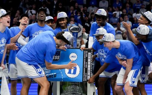 Duke's Cameron Boozer dribbling the basketball during an NCAA tournament game