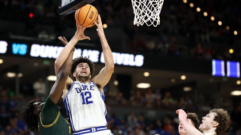 Cameron Boozer of the Duke Blue Devils competing in the NCAA Tournament match against Siena
