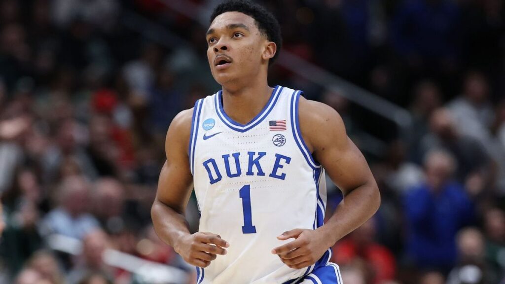 Caleb Foster of the Duke Blue Devils handling the basketball during their NCAA tournament victory over St. John's