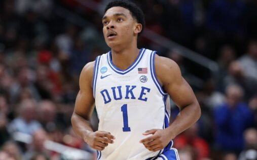 Caleb Foster of the Duke Blue Devils handling the basketball during their NCAA tournament victory over St. John's
