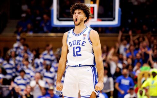 Duke forward Cameron Boozer dribbling a basketball on the court