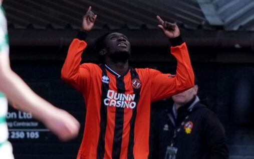 Dundee United players celebrating a goal against Celtic in the Scottish Premiership
